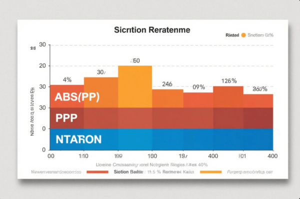 This image is a multicolored stacked bar chart titled "Sicrtion Reratennme." The x-axis displays a series of unclear numeric categories such as 00, 110, 190, 180, etc., while the y-axis ranges from 0 to 30 with unspecified units. The chart compares three materials: NTARON (blue), PPP (red), and ABS(PP) (orange). Each bar is divided into stacked sections corresponding to the materials, with values labeled at the top of each column, including 4%, 30%, 150%, 246%, 126%, and 263%. A legend indicates orange represents "Snctiony 61%," red stands for "Siotion Batite," and blue represents NTARON. Some of the chart text contains typographical or rendering errors, suggesting the content may be artificially generated or corrupted. The visual intent appears to be a comparative analysis of material performance across multiple scenarios.