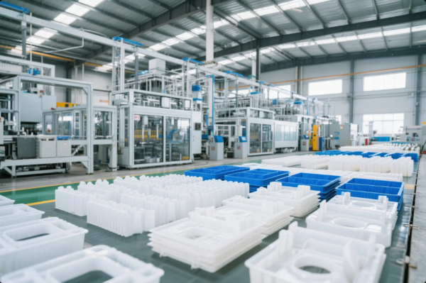 This image shows the interior of a high-tech plastic injection molding facility. In the foreground, there are neatly arranged stacks of white and blue molded plastic components placed in trays on a conveyor or worktable. The background features large automated machinery, including robotic arms and enclosed molding stations, all housed within a clean, brightly lit industrial environment with high ceilings and overhead piping. The image highlights the scale and automation of modern plastic manufacturing processes.