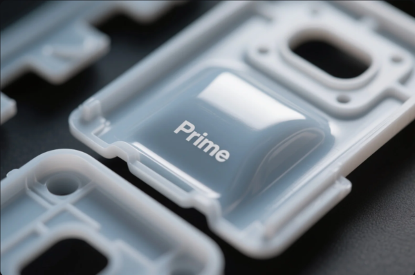 This close-up image showcases a precisely molded translucent white plastic part, prominently featuring the brand name “Prime” in clean white lettering on a raised glossy surface. Surrounding the main component are other plastic parts with structured cutouts and mounting holes, all laid on a dark textured surface. The image highlights the quality and branding detail of custom injection molded plastic components manufactured by Prime.