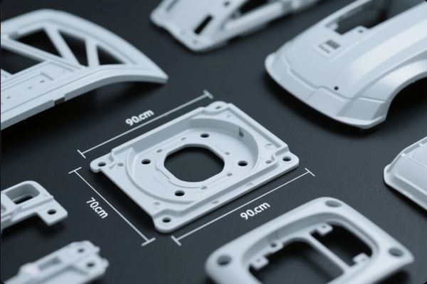 This image shows a collection of precision-molded white plastic components, likely for automotive or industrial use, neatly arranged on a dark surface. The central part has a rectangular profile with multiple mounting holes and is clearly labeled with dimensions: 90 cm in width and 70 cm in height. Other surrounding parts vary in shape and complexity, including curved panels, structural braces, and housing covers, emphasizing the diversity and dimensional accuracy of custom plastic parts manufacturing.