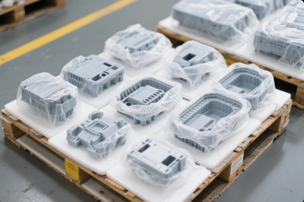 This image displays multiple precision-molded grey plastic components placed on individual foam trays and securely wrapped in clear protective plastic. The trays are neatly organized on wooden pallets, prepared for shipment or storage. The parts feature complex geometric shapes and recessed cavities, indicating they are likely custom OEM enclosures or housings for industrial or electronic applications. The setting appears to be a clean, well-organized manufacturing or warehouse facility with marked safety lanes on the floor.