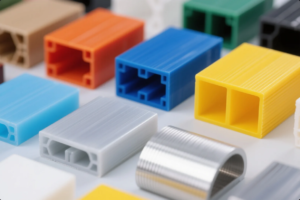 This image showcases a collection of extruded plastic and metal profiles in various colors including blue, yellow, orange, white, green, and metallic silver. Each piece features distinct internal support structures and hollow designs, indicating their use in lightweight construction, insulation, or as components in mechanical assemblies. The parts are neatly arranged on a white background, highlighting their uniform finish and precise extrusion quality. These materials are commonly used in OEM plastic part manufacturing and structural engineering applications.