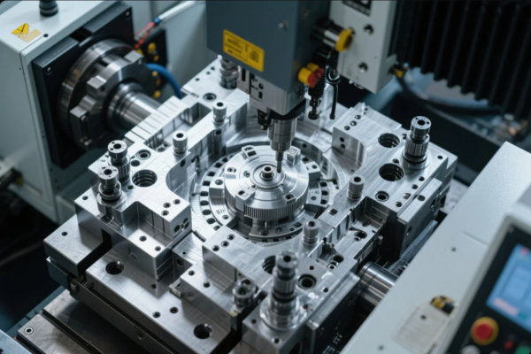 This high-resolution image captures a CNC machining process in action. The scene shows a precision CNC milling machine working on a large, intricately designed mold or die. The metal component features circular patterns, threaded holes, and tight tolerances, indicating it's part of a high-precision manufacturing operation—likely for injection molding or automotive components. The machine tool is positioned above the mold, performing drilling or cutting operations, and the setup showcases advanced manufacturing capabilities in industrial engineering.