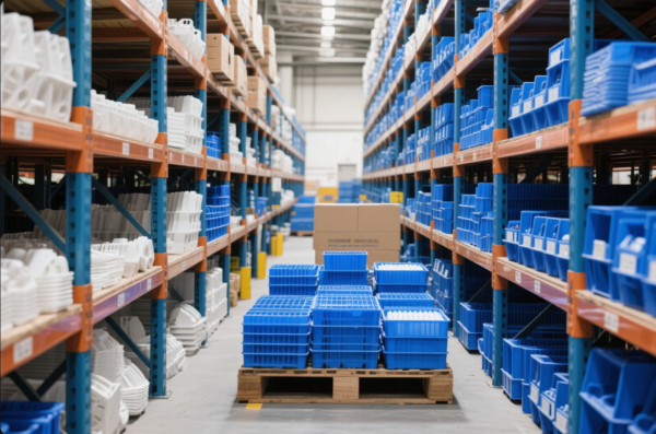 This image shows a highly organized industrial warehouse stocked with plastic parts. Tall, blue and orange metal shelving units line both sides of the aisle, each filled with standardized blue and white plastic bins containing neatly stacked components. A pallet in the foreground holds several blue bins, ready for transport or packing. The scene conveys efficient storage, inventory control, and streamlined logistics typical in modern manufacturing and assembly facilities.
