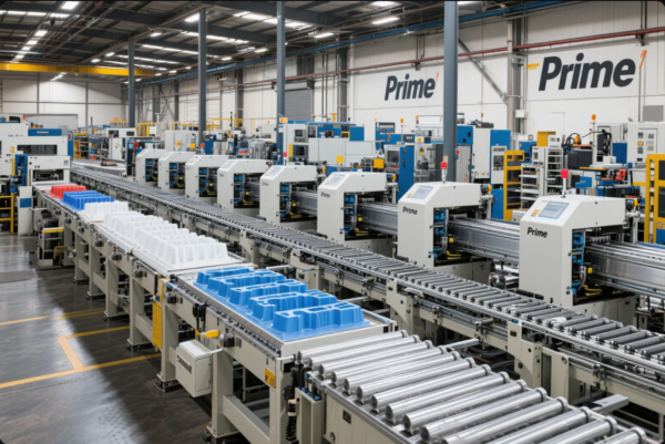 This image captures a state-of-the-art industrial production line inside a large manufacturing facility. Multiple fully automated machines, each branded with the name "Prime," are aligned in rows along a conveyor system. The machines are processing and handling plastic components in various colors including white, blue, and red. The factory interior is clean, well-lit, and efficiently organized, showcasing advanced manufacturing capabilities and automation in high-volume plastic parts production. The environment reflects Prime’s modern industrial standards and capacity for mass customization.