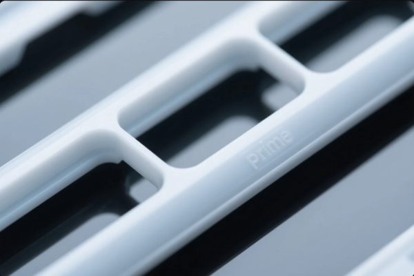 This image showcases a close-up view of a white injection-molded plastic part with a smooth, glossy finish. The component features rectangular cutouts and curved edges, with the brand name "Prime" subtly embossed into the surface. The precise detailing and branding reflect high-quality plastic manufacturing standards, ideal for OEM or industrial applications where durability and aesthetics are critical. The reflective black background emphasizes the clean lines and craftsmanship of the plastic part.