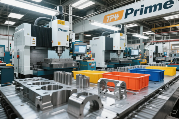 This image displays a modern CNC machining workshop at the Prime factory. Multiple high-precision computer-controlled milling machines are arranged in parallel, actively shaping complex metal components. The foreground shows various machined metal parts placed neatly on a workbench, alongside bright orange, yellow, and blue plastic bins used for organizing semi-finished products. Overhead signage with the Prime logo reinforces the brand presence. The environment is clean, well-lit, and equipped for high-volume precision manufacturing, highlighting Prime’s commitment to advanced production capabilities and quality control.