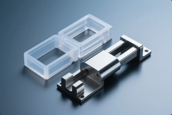 This image features a high-precision CNC-machined metal part with a brushed finish, likely used in industrial automation or mechanical assemblies. The component includes mounting holes and a sliding mechanism, suggesting it is part of a larger mechanical system. Positioned beside it are two clear rectangular plastic covers or housings, indicating compatibility or protective usage. The setup is displayed on a clean, reflective metallic background, emphasizing the component’s high manufacturing quality and finish.