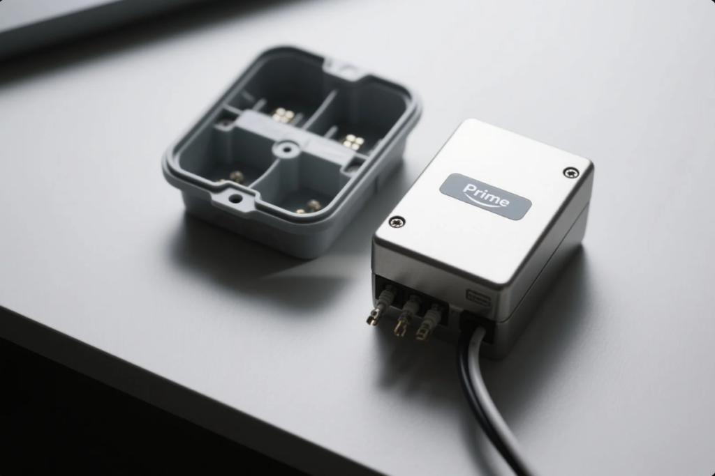 The image displays a small, precision-engineered electronic connector housing labeled "Prime," featuring a brushed metal finish and multiple cable ports with connectors inserted. Adjacent to it is the grey plastic base part of the enclosure, designed with internal slots and contact points. The components rest on a clean, light grey surface, highlighting their industrial-grade finish and compact design suitable for high-performance electrical or automation applications.