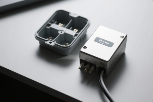 The image displays a small, precision-engineered electronic connector housing labeled "Prime," featuring a brushed metal finish and multiple cable ports with connectors inserted. Adjacent to it is the grey plastic base part of the enclosure, designed with internal slots and contact points. The components rest on a clean, light grey surface, highlighting their industrial-grade finish and compact design suitable for high-performance electrical or automation applications.
