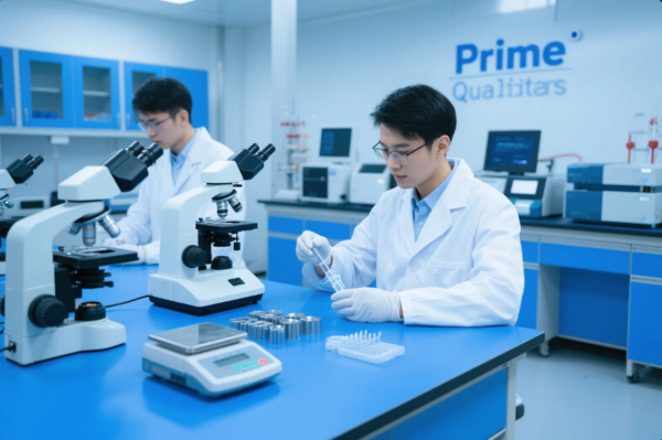 The image depicts a high-tech quality control laboratory where two technicians are conducting detailed inspections. Both are dressed in white lab coats and gloves, working with advanced equipment such as microscopes, precision scales, and test tubes. One technician examines a plastic component, while the other focuses on data analysis or sample preparation. The lab is clean and modern, with a blue and white color scheme and the “Prime Qualitars” logo prominently displayed on the back wall, representing a focus on precision and high-quality standards in manufacturing.