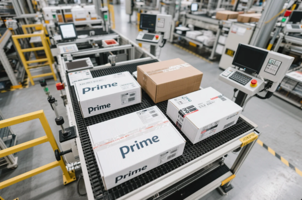 The image shows several shipping boxes, including prominently labeled "Prime" branded packages, placed on a conveyor system within an advanced logistics or packaging facility. The environment features automated systems, barcode scanners, control panels, and display monitors, indicating a streamlined order fulfillment process. The boxes appear ready for dispatch, highlighting efficiency in packaging, quality control, and distribution at Prime's modern manufacturing center.