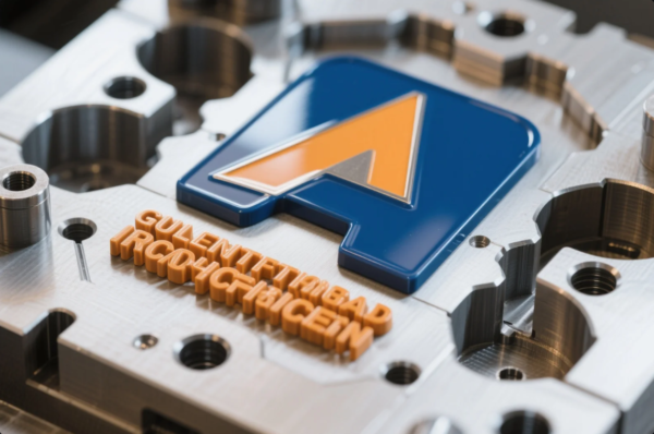 This image showcases a high-precision metal mold used in plastic injection molding or branding applications. At the center is a raised, multicolored "A" shaped 3D logo with a glossy finish, surrounded by carefully milled channels and bolt holes. Below the logo, orange plastic letters—although nonsensical—appear to simulate custom branding or text engraving. The image highlights the intricate detail and quality of mold fabrication, emphasizing branding precision in industrial manufacturing.