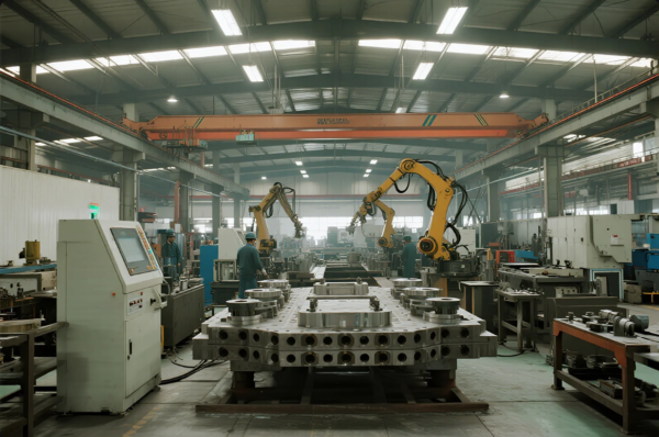 This image depicts a modern industrial manufacturing facility equipped with large-scale CNC machines and multiple robotic arms. Two yellow robotic manipulators are actively working on a massive precision metal fixture at the center of the shop floor. Workers in blue uniforms and safety helmets are seen monitoring the operations. Overhead gantry cranes and well-organized machinery indicate a high-capacity production environment, likely for automotive, aerospace, or heavy industrial components. The factory is well-lit with structured rows and a clean, efficient layout.