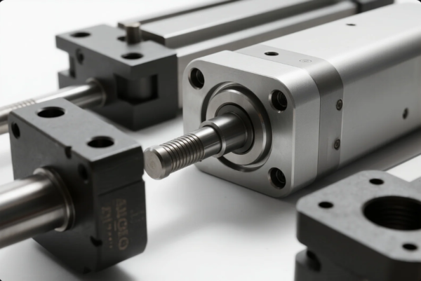 This high-resolution image features close-up details of linear motion components used in automation systems. The primary focus is a stainless steel actuator rod with fine threading, extending from a compact aluminum-bodied linear actuator or pneumatic cylinder. Surrounding it are black anodized mounting blocks and linear guide rails designed for high-precision movement in machinery or industrial equipment. The components are cleanly machined, highlighting their use in CNC machines, robotic arms, or automated production lines requiring precise and controlled movement.