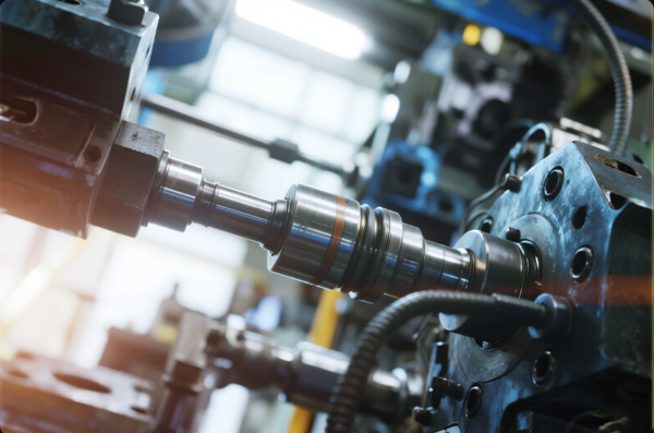 This image shows a detailed close-up of a high-precision rotating metal shaft within a CNC machining center. The shaft, featuring polished surfaces and grooves, is securely mounted between two large machine housings with multiple fasteners and fittings. Surrounding cables and components suggest it is part of a high-speed spindle or rotary mechanism used in advanced manufacturing processes such as milling or turning. The overall environment is indicative of a modern, automated industrial workshop focused on high-accuracy machining.
