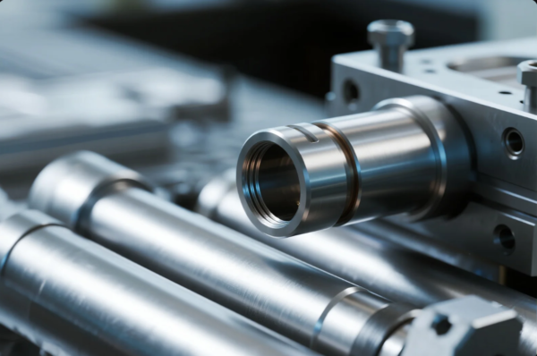 This image displays a highly detailed close-up of a polished metal component featuring internal threading and precision grooves. The cylindrical part is securely mounted on a machine bed alongside multiple steel guide rods, indicating its role in high-precision manufacturing or assembly processes. The overall setting suggests a clean, high-tech environment such as a CNC machining center or advanced production line specializing in custom mechanical parts.