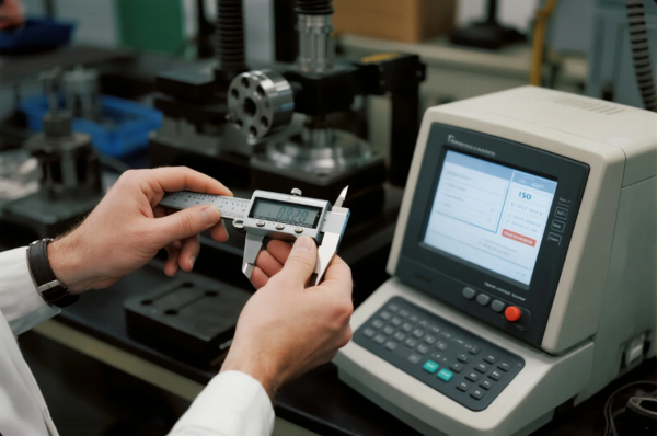 This image shows a close-up of an engineer’s hands operating a digital caliper to take precise measurements of a mechanical part. The digital display on the caliper reads “08.20.” Next to the caliper is a coordinate measuring machine (CMM) or quality inspection device displaying an ISO certification interface, indicating the adherence to international quality standards. The background features a professional lab environment with precision tools and machined components, highlighting a high standard of manufacturing and quality control in a certified facility.