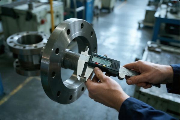 The image captures a close-up view of an engineer using a digital caliper to measure the outer diameter of a precision-machined metal flange. The digital display on the caliper reads "88.9 mm," indicating a high-accuracy measurement. The background shows an industrial workshop environment with machinery, workbenches, and tools, highlighting a professional setting focused on metal part manufacturing and quality assurance. The scene emphasizes precision engineering, dimensional inspection, and adherence to strict manufacturing standards.