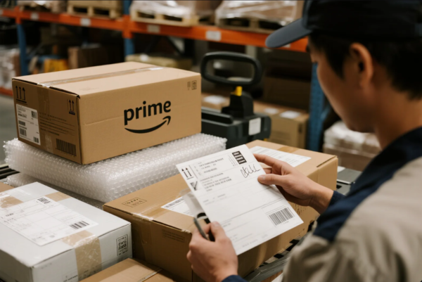 The image shows a logistics worker inspecting a shipping label while standing at a packaging station in a warehouse. Prominently displayed in the foreground is a cardboard box with the Amazon Prime logo, placed on top of bubble wrap. Surrounding the box are other parcels and labels, indicating a busy fulfillment or dispatch area. In the background, metal shelving is stacked with additional packages and materials, reflecting an organized e-commerce or distribution center environment focused on order processing and delivery accuracy.