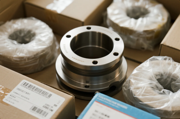 The image displays a neatly organized shipping box containing a precision-machined stainless steel flange with multiple bolt holes, accompanied by several ring-shaped gaskets individually wrapped in plastic. The parts are securely packed inside labeled cardboard boxes, suggesting that they are high-quality industrial components ready for export or delivery. The visible labeling and barcode stickers indicate a standardized packaging and inventory process, common in B2B manufacturing or supply chain logistics.