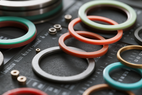 The image showcases a variety of sealing rings and precision bushings in different colors and materials, including red, green, gold, and gray. These circular components are laid out on a textured industrial reference mat with technical markings and measurements, indicating use in mechanical or hydraulic applications. The vibrant colors and neat arrangement highlight the precision engineering and diverse material options available for gaskets, seals, or spacer rings in industrial machinery.
