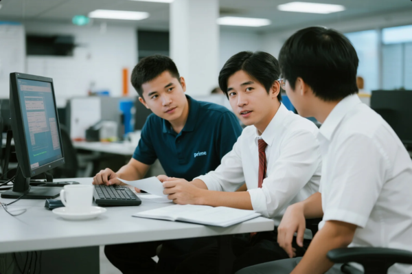 The image features three young Asian men collaborating in a modern office setting. One of them, dressed in a white shirt and red tie, appears to be explaining a point while holding a paper. Another person in a white shirt listens attentively, while the third, wearing a navy blue "prime"-branded polo shirt, operates a desktop computer. An open notebook, documents, and a coffee cup are also present on the desk, emphasizing a professional and collaborative work environment.