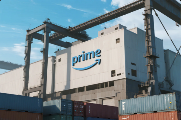 This image shows a large-scale industrial factory facility with a clean white facade prominently displaying the “prime” brand logo. The structure is equipped with overhead cranes and industrial walkways, indicating a high-capacity manufacturing or logistics operation. In the foreground, several colorful shipping containers are stacked, emphasizing global export and supply chain capabilities. The blue sky and clean architectural lines highlight the factory’s modern infrastructure.