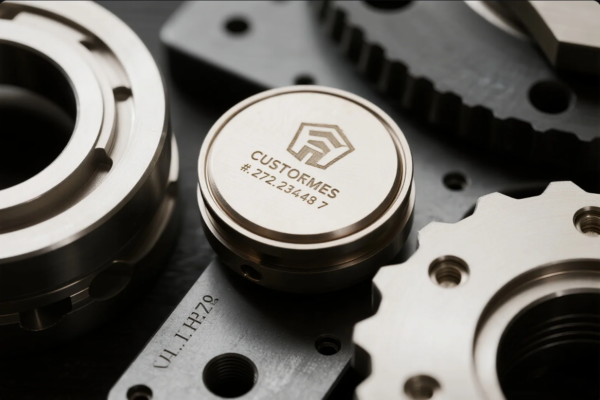 This image displays a set of finely machined industrial metal parts arranged on a black surface. At the center is a cylindrical component engraved with the word "CUSTOMES" and the serial number "#.272.23448 7", along with a stylized logo above the text. The surrounding components include gear-like and flanged parts, indicating the image represents high-precision custom CNC or lathe-turned hardware typically used in machinery or automotive applications.