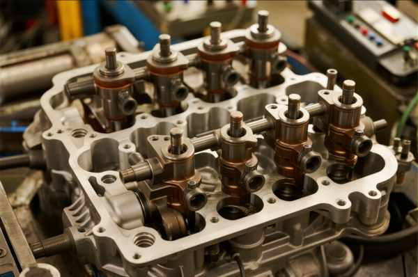 This image captures a detailed view of a precision-machined aluminum engine cylinder head. Multiple rocker arms, camshaft lobes, and valve guides are prominently visible, demonstrating advanced engineering and assembly. The components are arranged symmetrically, reflecting a high-performance internal combustion engine layout, likely from a modern vehicle or industrial engine test bench. The surrounding tools and machinery hint at a professional workshop or manufacturing environment.