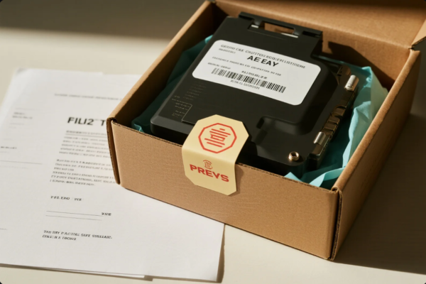 This image shows a boxed electronic control unit (ECU) designed for industrial or automotive applications. The black unit is neatly placed in a cardboard box with soft blue protective wrapping, and secured with a label bearing the "PREVS" logo, indicating it has passed inspection or certification. A printed barcode label is affixed to the unit for tracking or inventory purposes. In the background, technical documentation is visible, suggesting the component is ready for shipment or final testing.