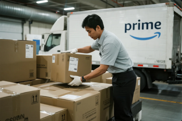 This image captures a logistics worker handling packages inside a modern warehouse facility. Wearing a uniform and white gloves, the employee is carefully stacking labeled cardboard boxes onto a pallet. In the background, a large delivery truck prominently displays the “prime” logo, indicating a well-coordinated shipping and distribution operation. The scene reflects efficiency and professionalism in warehouse management and international logistics.