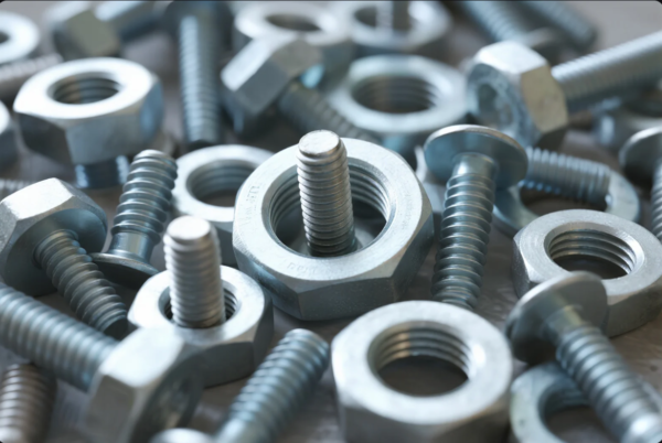 This detailed close-up photo showcases an assortment of industrial fasteners, including shiny silver bolts and hex nuts made of steel. The components are scattered randomly, highlighting their clean threads, uniform machining, and precise shapes—essential for high-strength mechanical assemblies in manufacturing, construction, and automotive applications. The image conveys a sense of industrial quality and hardware reliability.