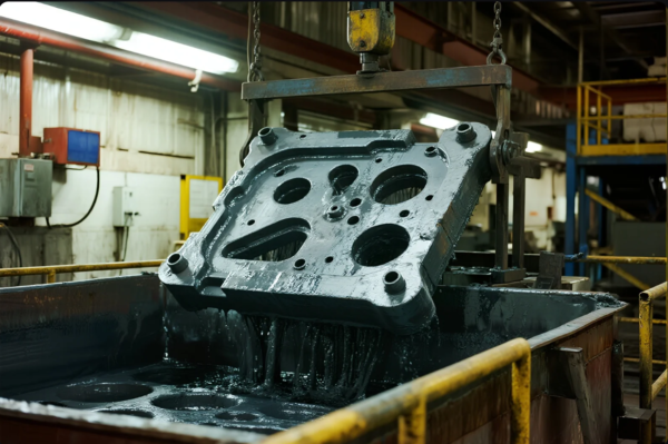 The image captures a heavy-duty metal component being hoisted by an overhead crane from an industrial coating tank, likely used for surface treatment such as black oxide or anti-corrosion dipping. The freshly treated casting is still dripping with liquid, and the surrounding area includes safety railings, industrial lighting, and electrical panels, reflecting a high-capacity metal processing environment. This scene highlights the crucial surface finishing stage in the metal fabrication process.