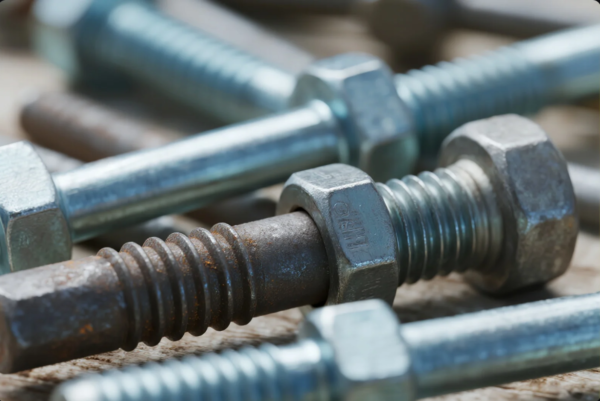 This image presents a close-up view of several hex bolts and nuts, highlighting the contrast between a rusted bolt in the center and surrounding clean, galvanized ones. The corroded bolt illustrates the impact of oxidation over time, while the nearby bolts remain shiny and protected. The photo serves as a visual comparison of treated versus untreated metal fasteners, often used in discussions about anti-corrosion coatings, durability, and material quality in industrial hardware.