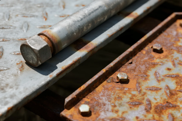 This image shows a close-up of a heavily rusted steel platform featuring oxidized bolts and a cylindrical metal rod with visible corrosion around the edges. The scene captures different stages of metal deterioration due to long-term exposure to moisture and air, making it a powerful visual reference for discussions about rust prevention, surface coatings, and the importance of proper anti-corrosion treatments in industrial and outdoor environments.