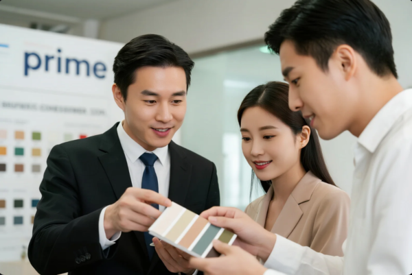 The image shows a business meeting where two men and one woman are reviewing a color palette sample in a well-lit, modern office environment. One man in a suit is actively pointing at the sample while the others attentively look on. Behind them, a display board with the "Prime" brand and various color swatches reinforces the professional context, likely related to design, manufacturing, or product development consultation.