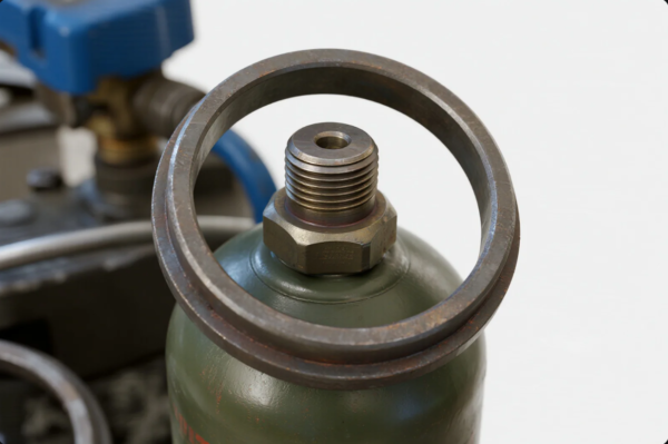 This image shows a close-up of the top section of a pressurized gas cylinder. At the center is a threaded metal nozzle secured with a hexagonal brass nut, designed for connection to regulators or pipelines. Surrounding the valve is a circular protective ring, intended to prevent impact damage during transport or use. The cylinder body is painted green and partially visible, while additional gas-handling components such as hoses and valves are blurred in the background. This setup is typical in industrial applications such as welding, manufacturing, or laboratory environments.
