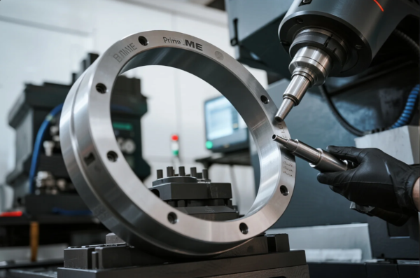 This image captures a precision CNC machining process in a modern industrial setting. A large, polished metal ring bearing the marking "Prime ME" is mounted on a fixture. A high-precision probe or touch sensor attached to the CNC spindle is inspecting the inner surface of the component. A technician wearing black gloves carefully guides the process. In the background, a control monitor and industrial equipment indicate a high-tech quality control or dimensional inspection operation typical in advanced manufacturing environments.