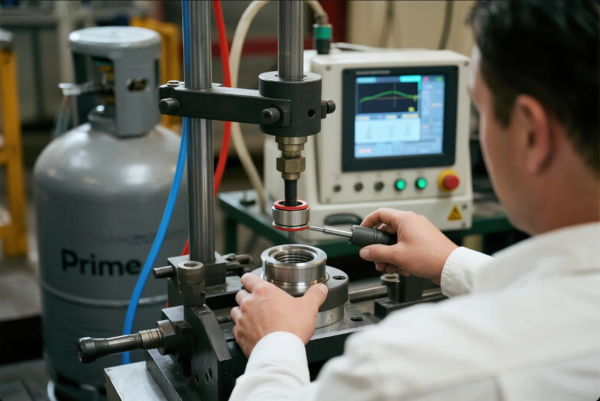 The image shows a quality control engineer operating a precision inspection machine to measure the inner dimensions of a threaded metal part. The part is securely fixed in a fixture beneath a probe, while the operator uses a handheld tool to assist with the measurement process. In the background, a computer monitor displays real-time measurement data and a graph. A large gas cylinder labeled “Prime” and connected cables suggest this is part of a high-tech manufacturing quality lab, ensuring tight tolerances and dimensional accuracy in component production.