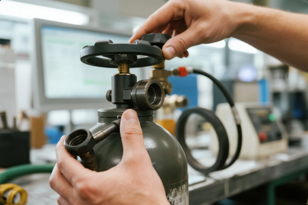 The image shows a close-up of a technician’s hands operating the valve mechanism on a high-pressure gas cylinder. The technician is tightening or adjusting a connection while turning the top control knob. The cylinder is positioned on a workbench in a modern industrial or laboratory environment, with various equipment, wires, and a computer monitor in the blurred background. This scene highlights precision handling and safety in gas control applications for manufacturing or testing processes.