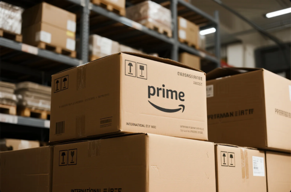 The image displays a close-up of Amazon Prime-labeled cardboard boxes stacked in a warehouse environment. The boxes are marked with international shipping symbols such as "this side up" and "fragile." Behind the boxes, industrial shelving units are loaded with additional packages, indicating a busy logistics or fulfillment center. The scene conveys themes of e-commerce, global shipping, and supply chain efficiency.