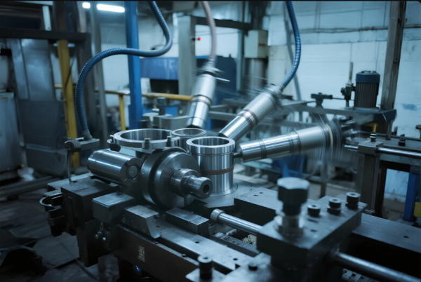 The image captures a high-speed automated CNC machining center in operation, with multiple robotic arms rapidly working on cylindrical metal parts. The setup involves precision tools rotating and interacting with the workpieces, indicating a high-efficiency manufacturing process. The surrounding industrial environment includes control units, hoses, and structured metal supports, showcasing an advanced metal fabrication facility focused on component mass production and precision engineering.