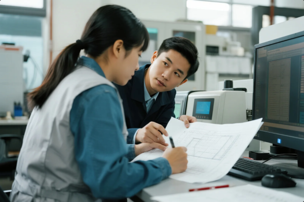 The image shows two engineers or technical professionals in a modern industrial office environment, engaged in a discussion over a detailed engineering blueprint. One person is pointing at the drawing while the other listens attentively, suggesting collaborative design or quality assurance work. A computer screen nearby displays CAD or industrial data, and lab or production equipment is visible in the background, indicating a high-precision engineering or manufacturing context.