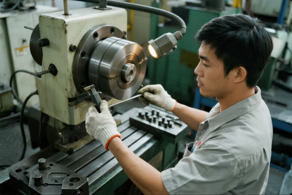 The image shows a factory technician or machinist inspecting a large cylindrical metal workpiece on a CNC lathe or milling machine. He is holding a digital caliper to verify the dimensions of the part, demonstrating careful quality control. The workspace is clean and equipped with industrial tools, and a focused task light illuminates the metal surface, highlighting the importance of precision in metal component manufacturing.