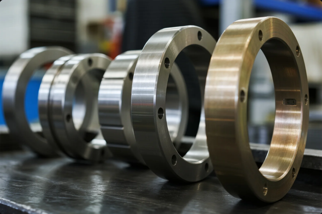 The image displays a row of cylindrical precision-machined metal rings or flanges, neatly arranged from left to right on a polished industrial table. The components appear to be made of different materials, including stainless steel and bronze, and feature evenly spaced holes for fasteners. This setting showcases the quality, consistency, and material variety of CNC-turned industrial parts used in mechanical assemblies.