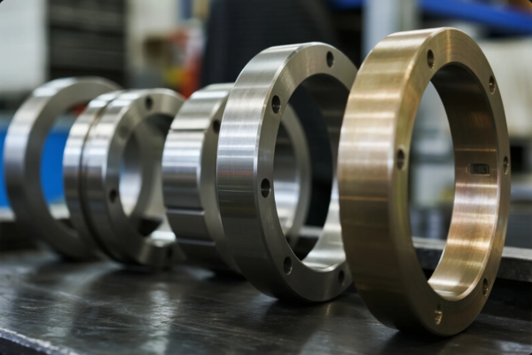The image displays a row of cylindrical precision-machined metal rings or flanges, neatly arranged from left to right on a polished industrial table. The components appear to be made of different materials, including stainless steel and bronze, and feature evenly spaced holes for fasteners. This setting showcases the quality, consistency, and material variety of CNC-turned industrial parts used in mechanical assemblies.