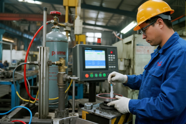The image shows a male engineer wearing safety glasses, gloves, and a yellow hard hat, working in a modern industrial environment. He is operating a CNC-controlled assembly or welding machine, closely monitoring the process using a touchscreen control panel. A large gas tank labeled “prime” is connected to the equipment via red, yellow, and blue hoses, indicating pressurized gas involvement in the operation. The engineer appears to be applying sealant or checking alignment on a circular metal component, showcasing precision and safety in a high-tech manufacturing process.