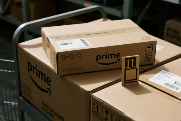 This image shows several cardboard shipping boxes with the "prime" logo prominently displayed on each. The boxes are placed on a metal cart, suggesting they are being prepared for delivery or logistics processing in a warehouse environment. Labels with barcodes and handling instructions such as “This Side Up” and “Fragile” are clearly visible, emphasizing careful transportation. The scene reflects an organized and efficient warehouse operation.