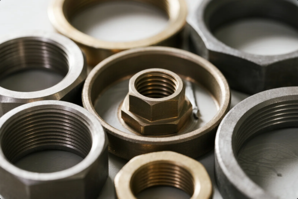 This detailed close-up showcases an assortment of precision-machined threaded nuts and retaining rings made from different metal materials, including stainless steel and brass. The components are arranged in a circular composition, emphasizing their dimensional accuracy, inner threading, and surface finish quality — key characteristics in industrial hardware manufacturing and mechanical assembly applications.